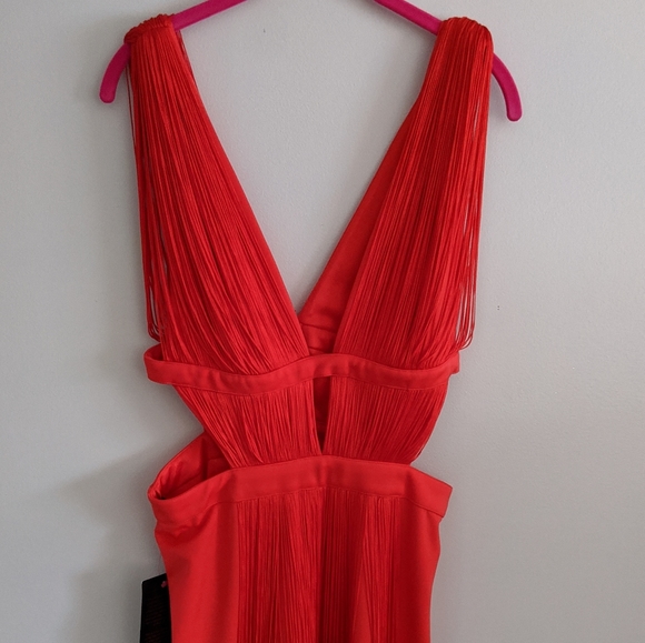 Bebe Double Plunge Fringe Dress in Red - Picture 4 of 6